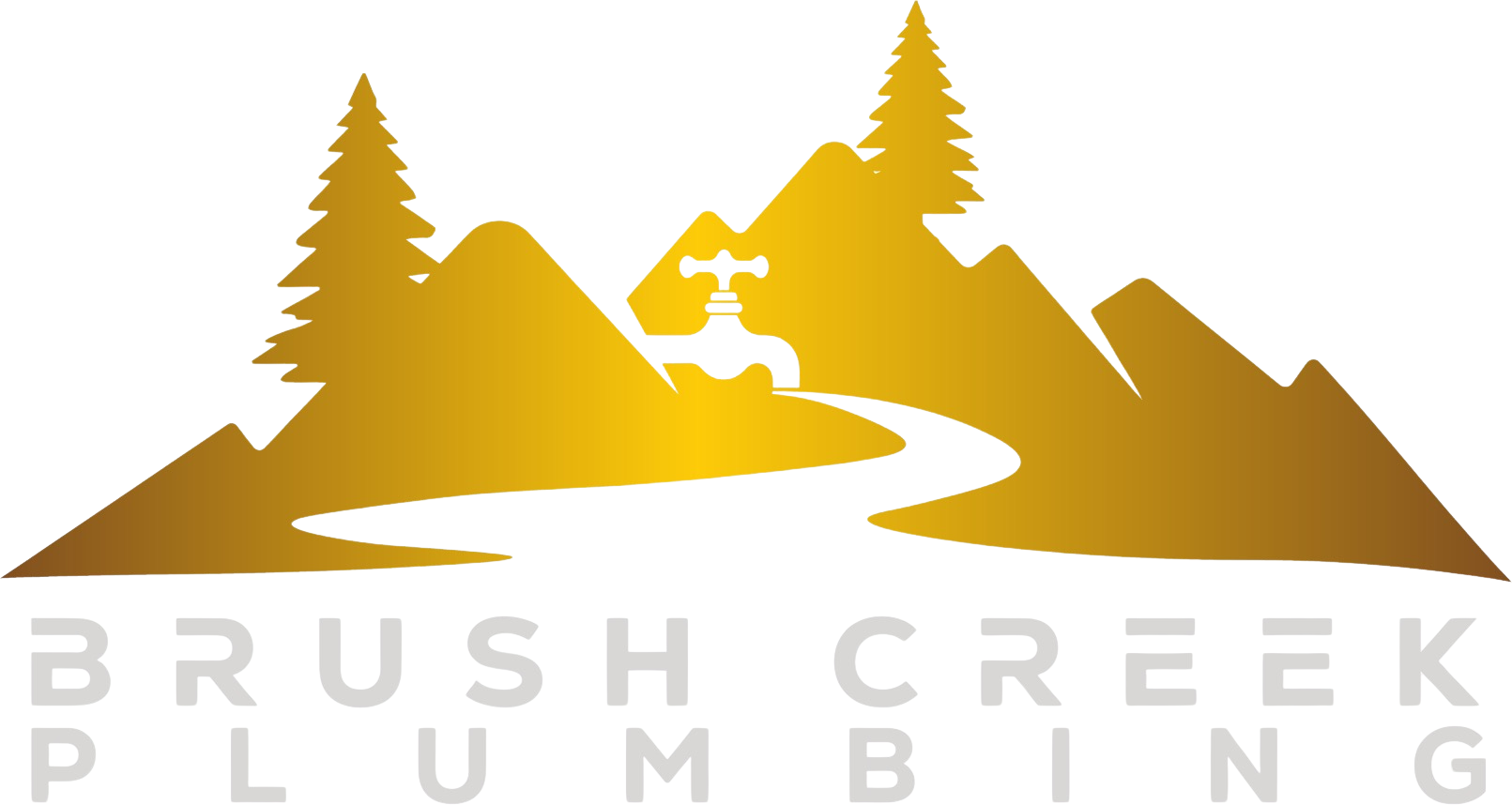 A golden logo featuring mountains, pine trees, and a water faucet over a creek, with the text "Brush Creek Plumbing."