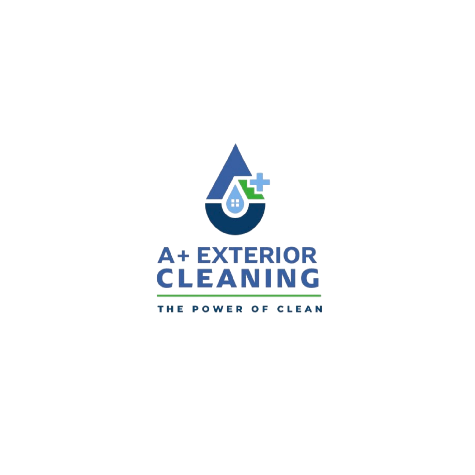 Blue and green A+ Exterior Cleaning logo with droplet and sparkle icon, tagline &ldquo;The Power of Clean&rdquo;
