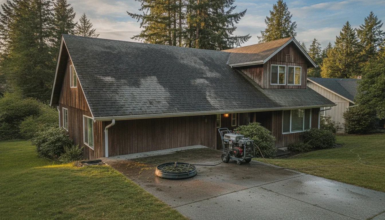 Modern home with dark wood siding and gray roof in forested setting, driveway with fire pit and equipment visible.