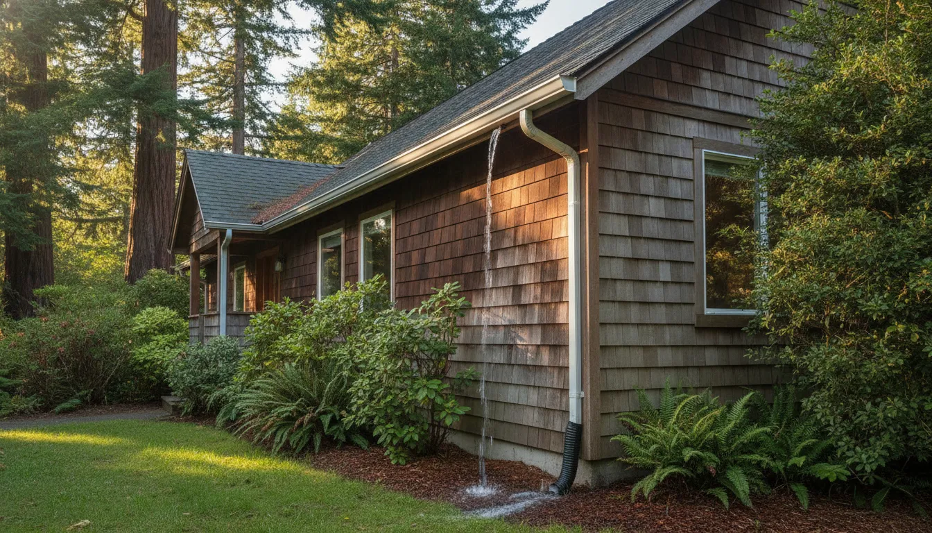 Modern home with dark wood siding and gray roof in forested setting, driveway with fire pit and equipment visible.
