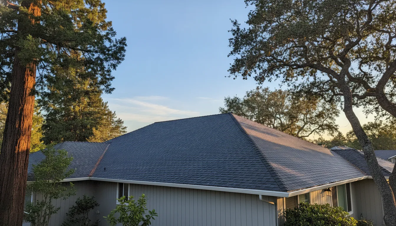 Modern home with dark wood siding and gray roof in forested setting, driveway with fire pit and equipment visible.