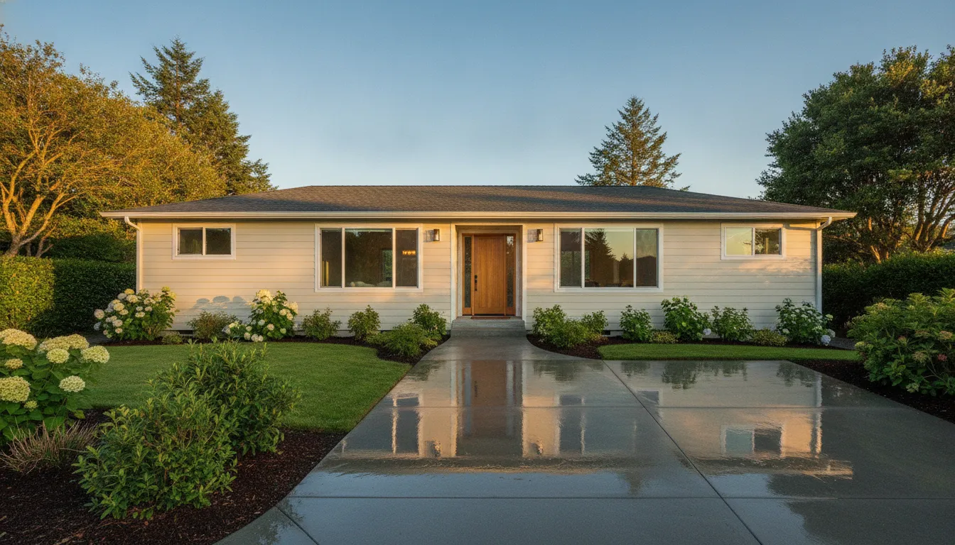 Modern home with dark wood siding and gray roof in forested setting, driveway with fire pit and equipment visible.