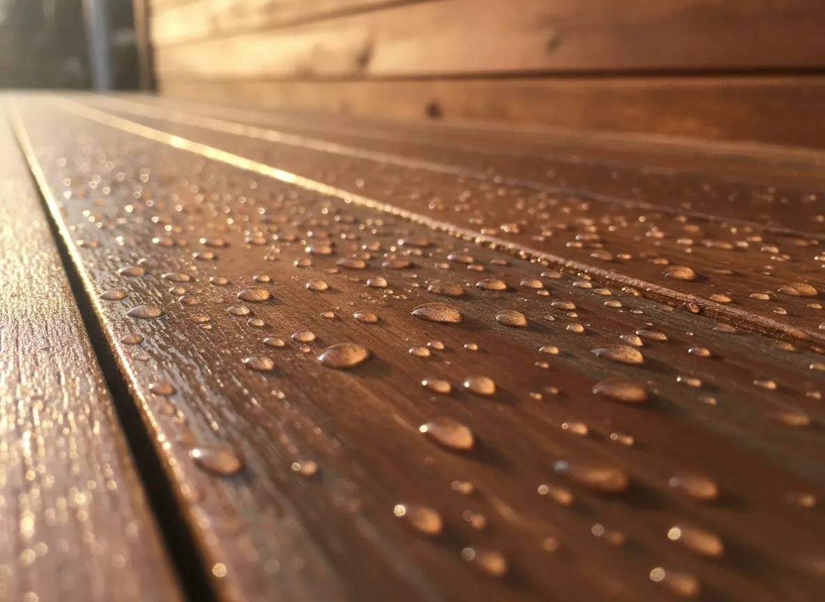 Close-up of glistening water droplets beading on freshly cleaned cedar siding in golden afternoon sunlight