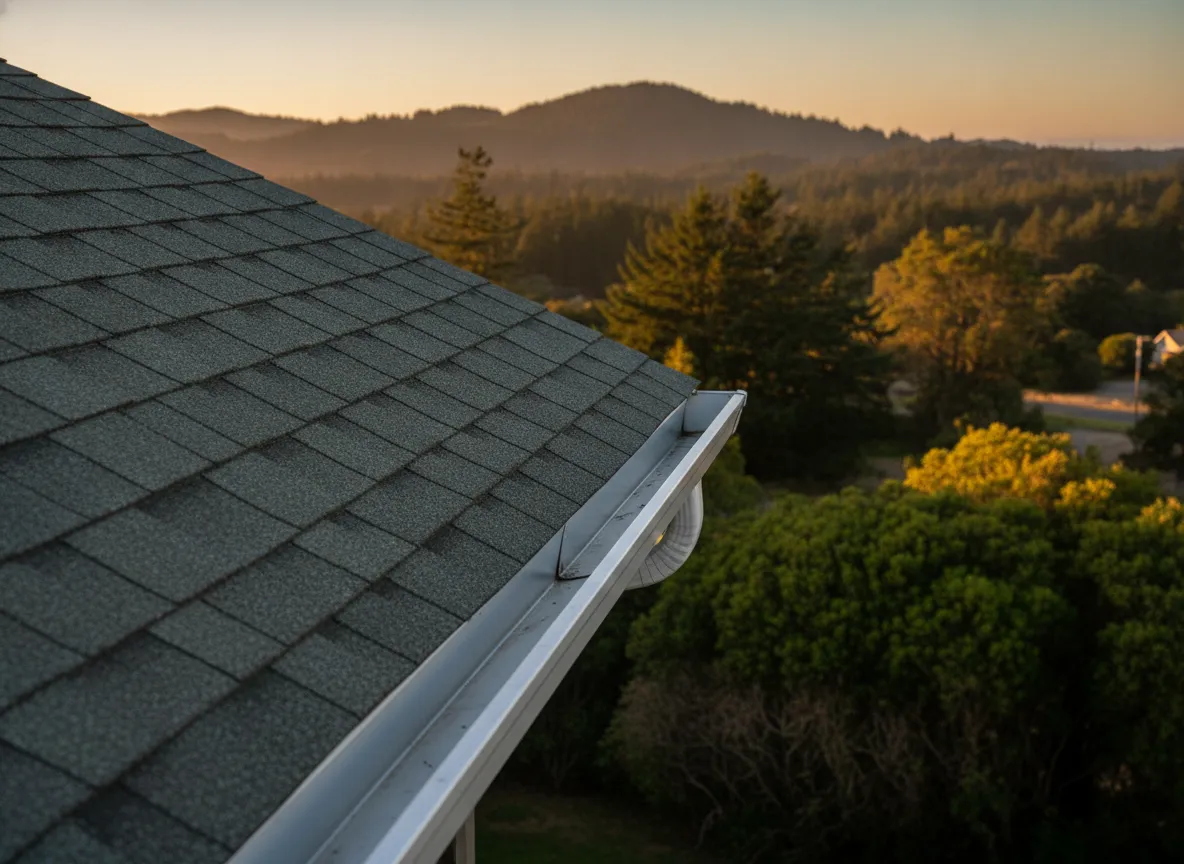 Clean gutter line along gray-green roof edge glowing in golden afternoon light, hills in soft focus behind