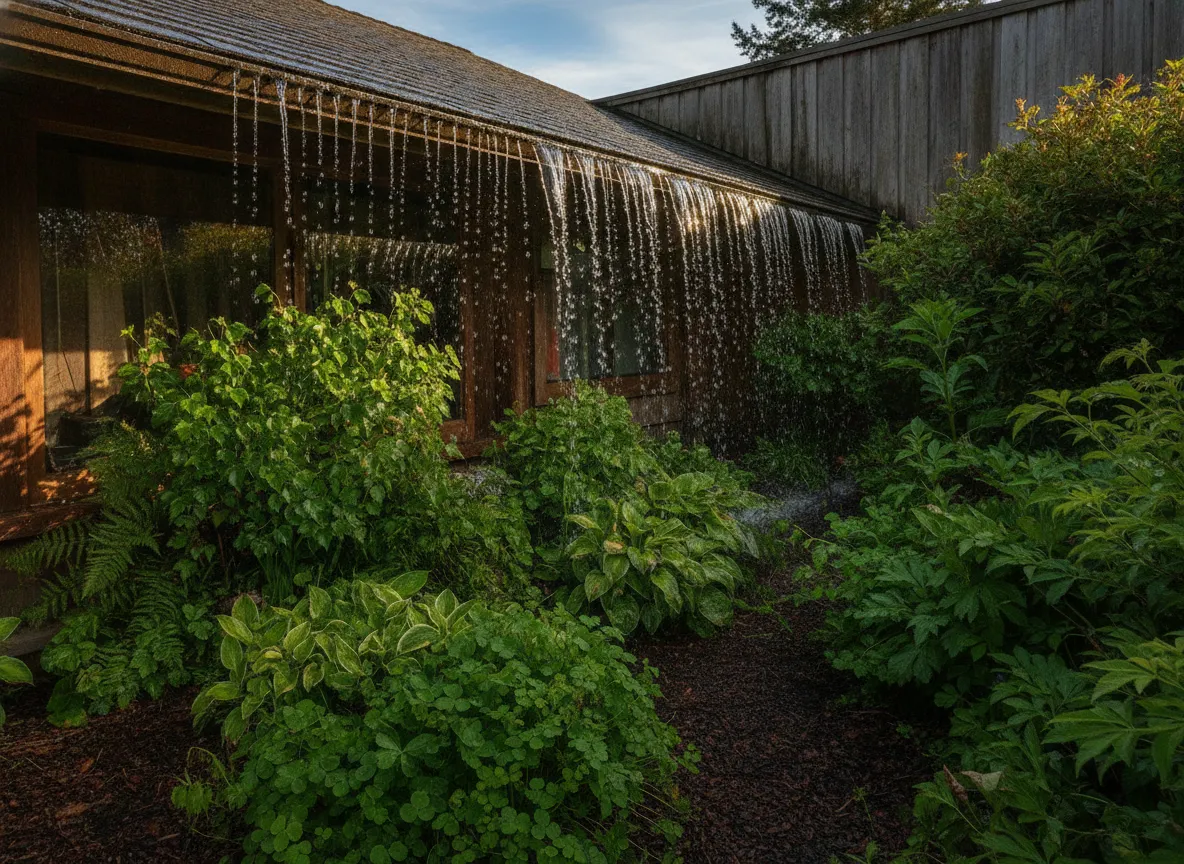 Clean water trickling off a moss-free roof edge into a green garden bed in golden afternoon light