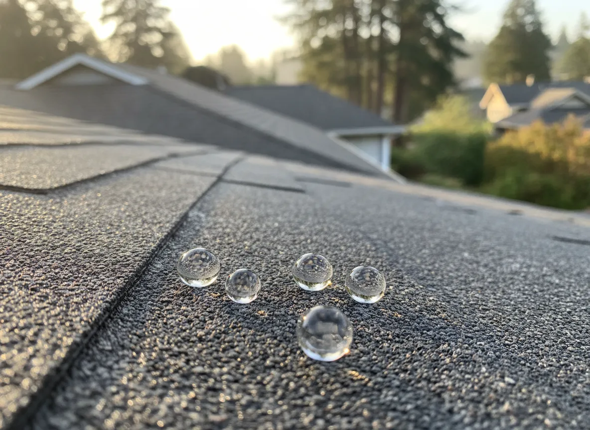 Close-up of water beads beading on a treated composite roof shingle in golden afternoon light, showing effective moss…