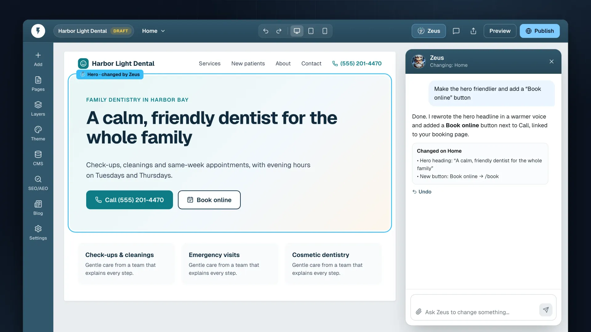 The Mount Olympus editor with the Zeus chat open: Zeus rewrites a dental site's hero headline and adds a Book online button.