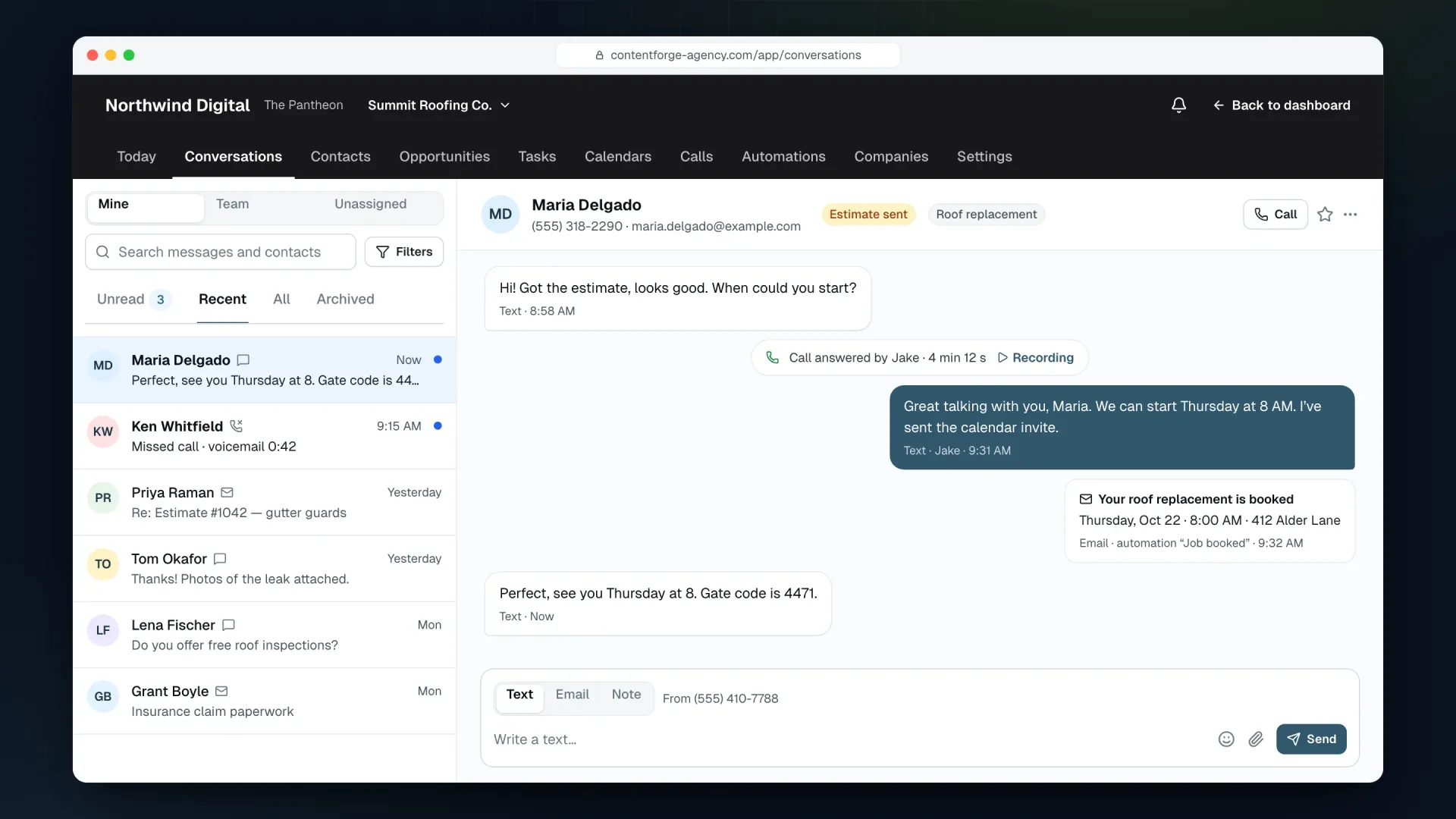 The Pantheon conversations inbox: a customer thread mixing texts, a recorded call and an automated booking email, beside the list of conversations.