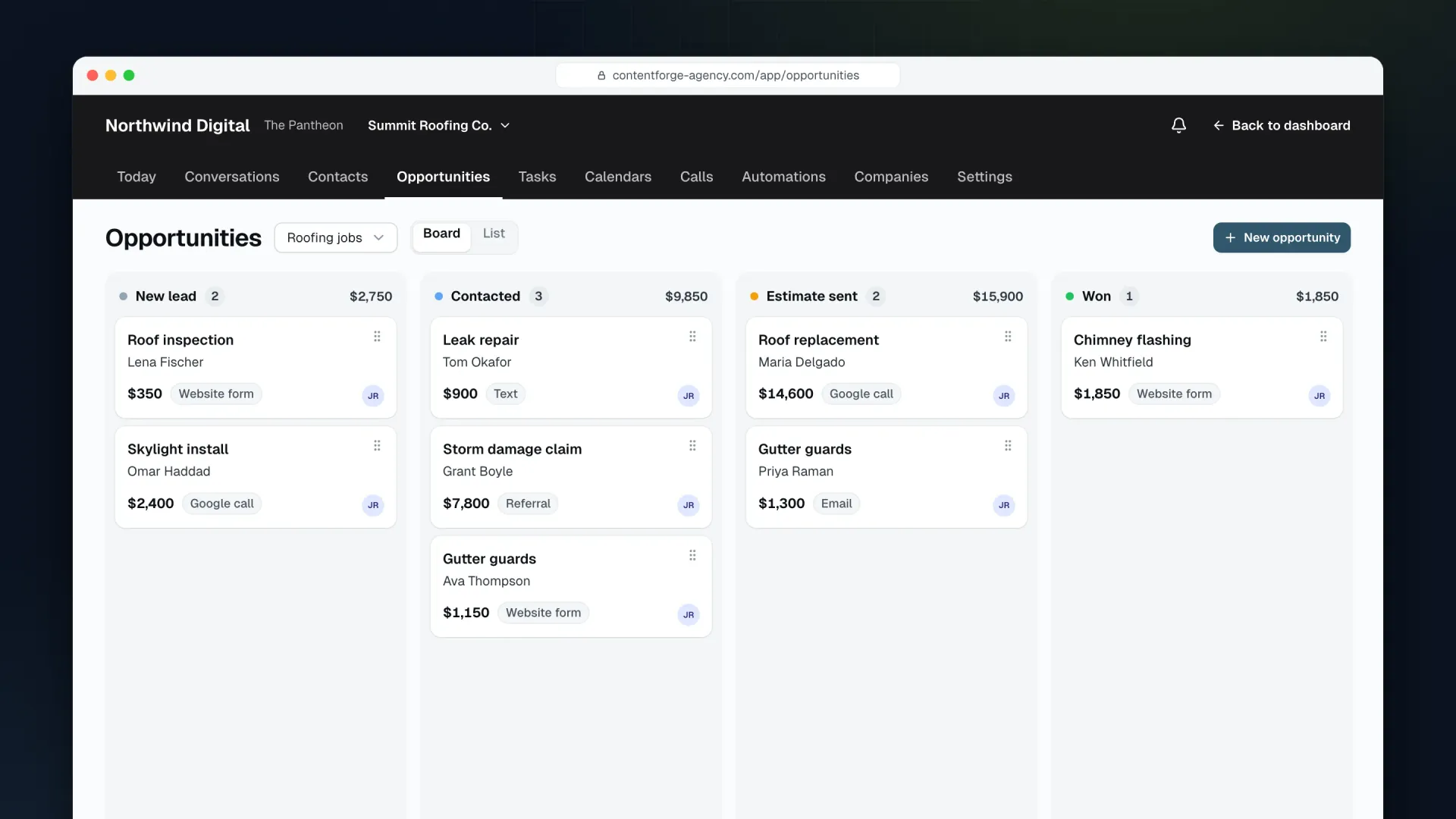 The Pantheon opportunities board for a demo roofer, with jobs in New lead, Contacted, Estimate sent and Won columns and their values.