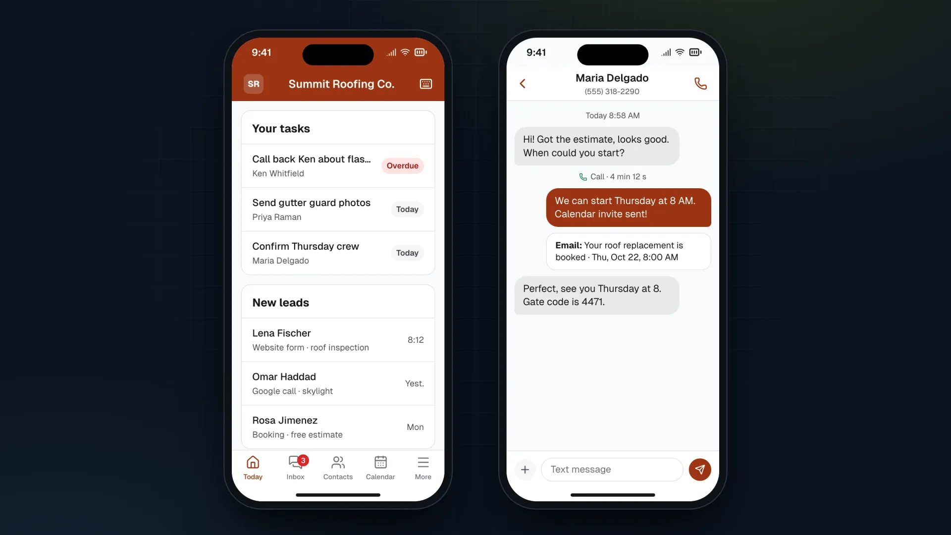 The Business Hub phone app on two phones: today's tasks and new leads for a demo roofing company, and a text conversation with a customer.