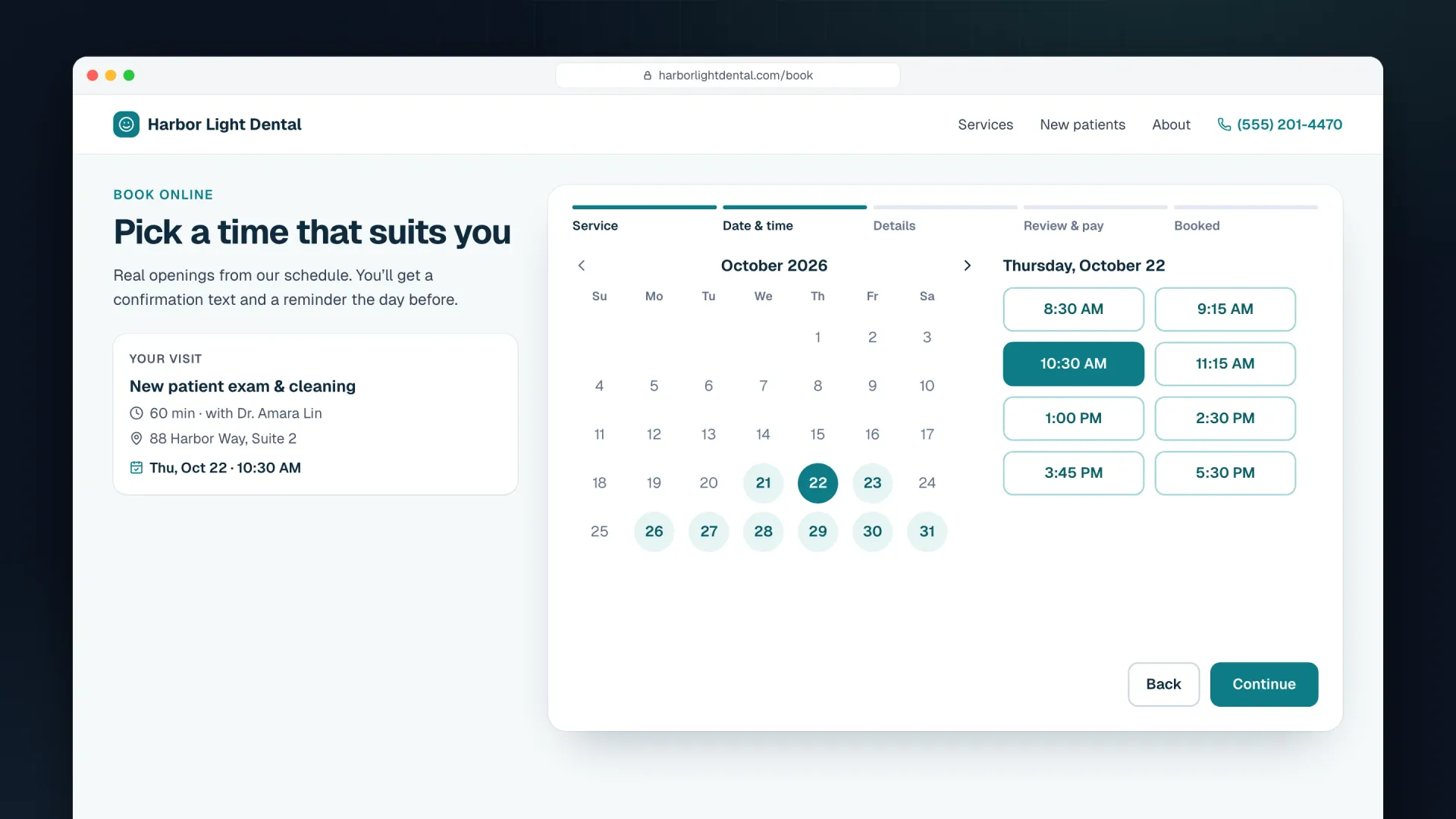 Chronos Booking on a demo dental site: a booking widget with an October calendar, open days, and time slots for a new patient exam.