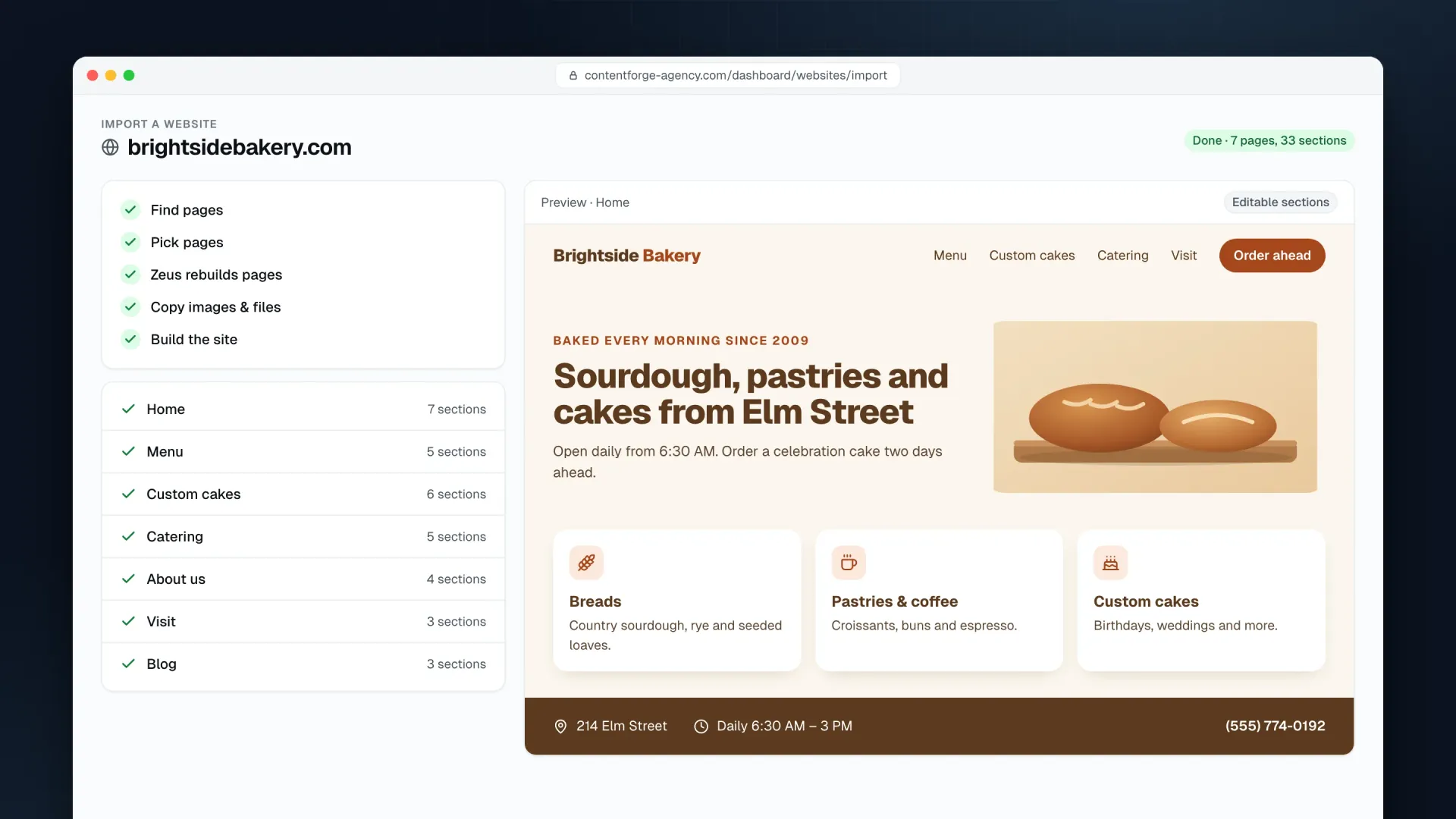 Importing a demo bakery website into ContentForge: seven pages rebuilt as 33 editable sections, with a preview of the rebuilt home page.