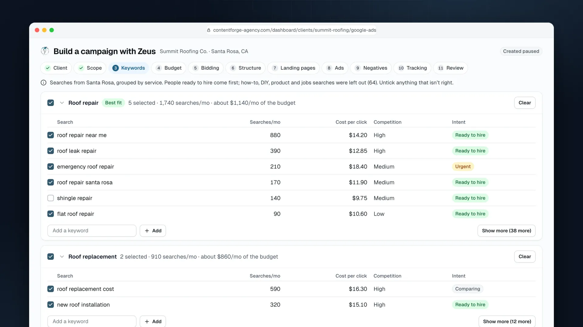 Building a Google Ads campaign with Zeus: the keyword step for a demo roofer, with ad groups, searches per month, cost per click and intent.