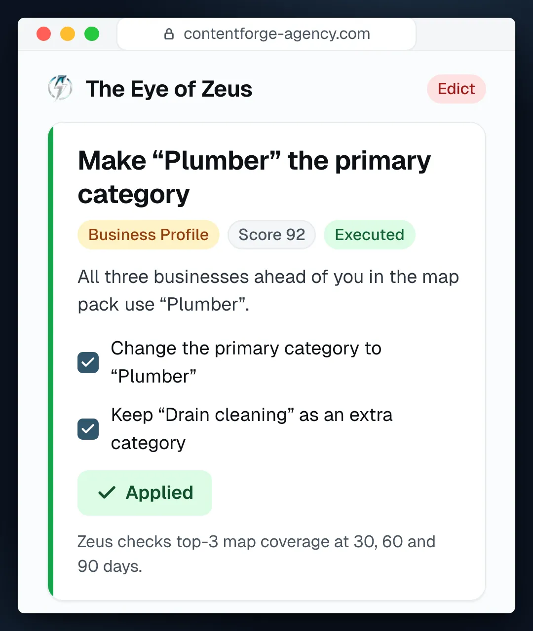 The Eye of Zeus in ContentForge: an Edict to make "Plumber" the primary Business Profile category, applied, with its action items ticked off.