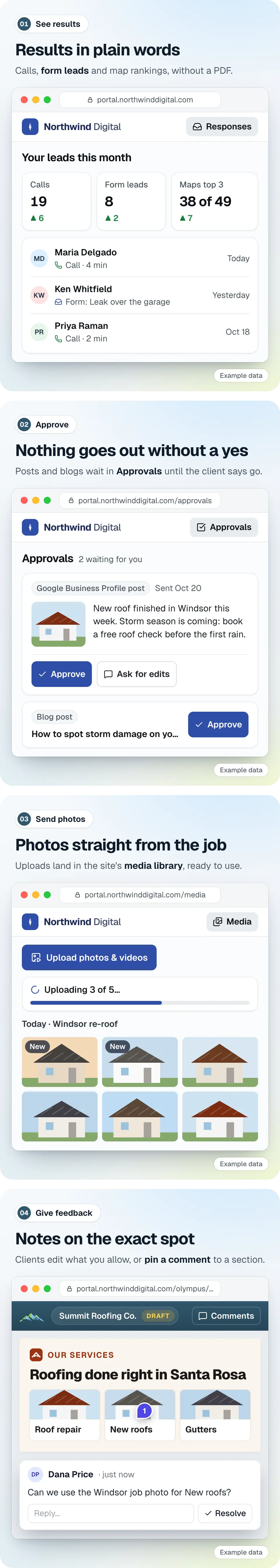 Example data: the Northwind Digital client portal for the demo roofer Summit Roofing Co., showing calls and form leads, a Google Business Profile post waiting for approval, job photos uploading to the media library, and a client comment pinned to a section of the site.
