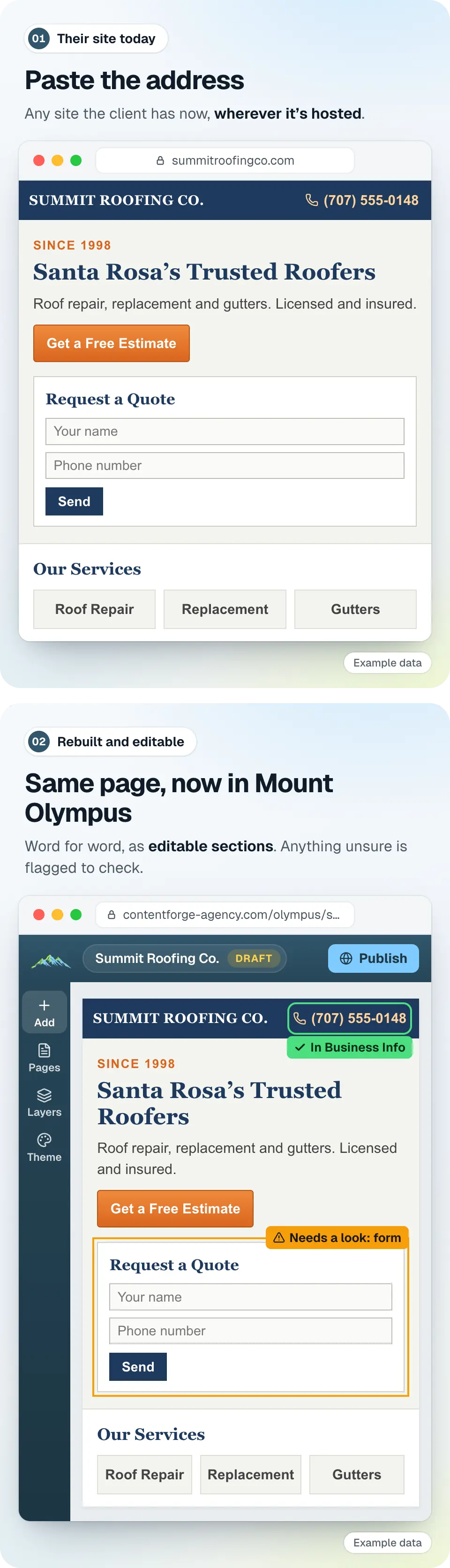 ContentForge example data: the demo business Summit Roofing Co.'s current website, then the same page rebuilt word for word in the Mount Olympus editor, with its phone number saved to Business Info and its quote form flagged to check.