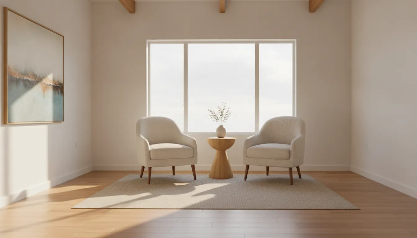 Empty counseling room with two facing armchairs by a sunlit window at golden hour, warm professional interior
