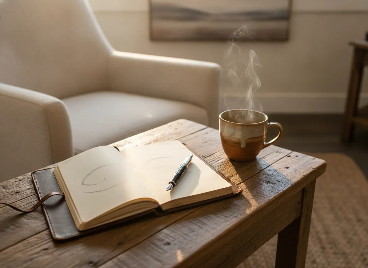 Close-up of open notebook with pen and steaming tea cup on wooden table beside cream armchair, golden-hour light