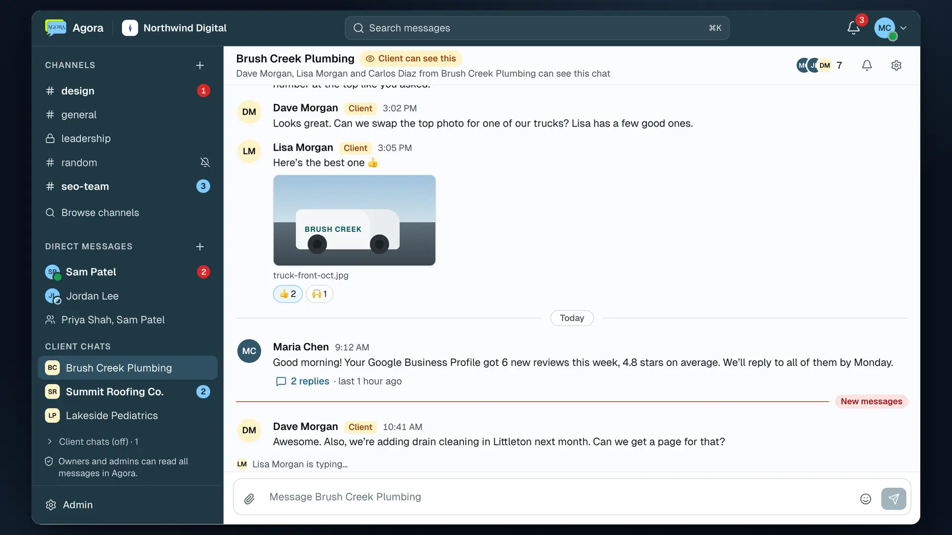 Agora Chat for the demo agency Northwind Digital: the Brush Creek Plumbing client chat, marked “Client can see this”, with a new client message, a reaction and channels, direct messages and client chats in the sidebar.