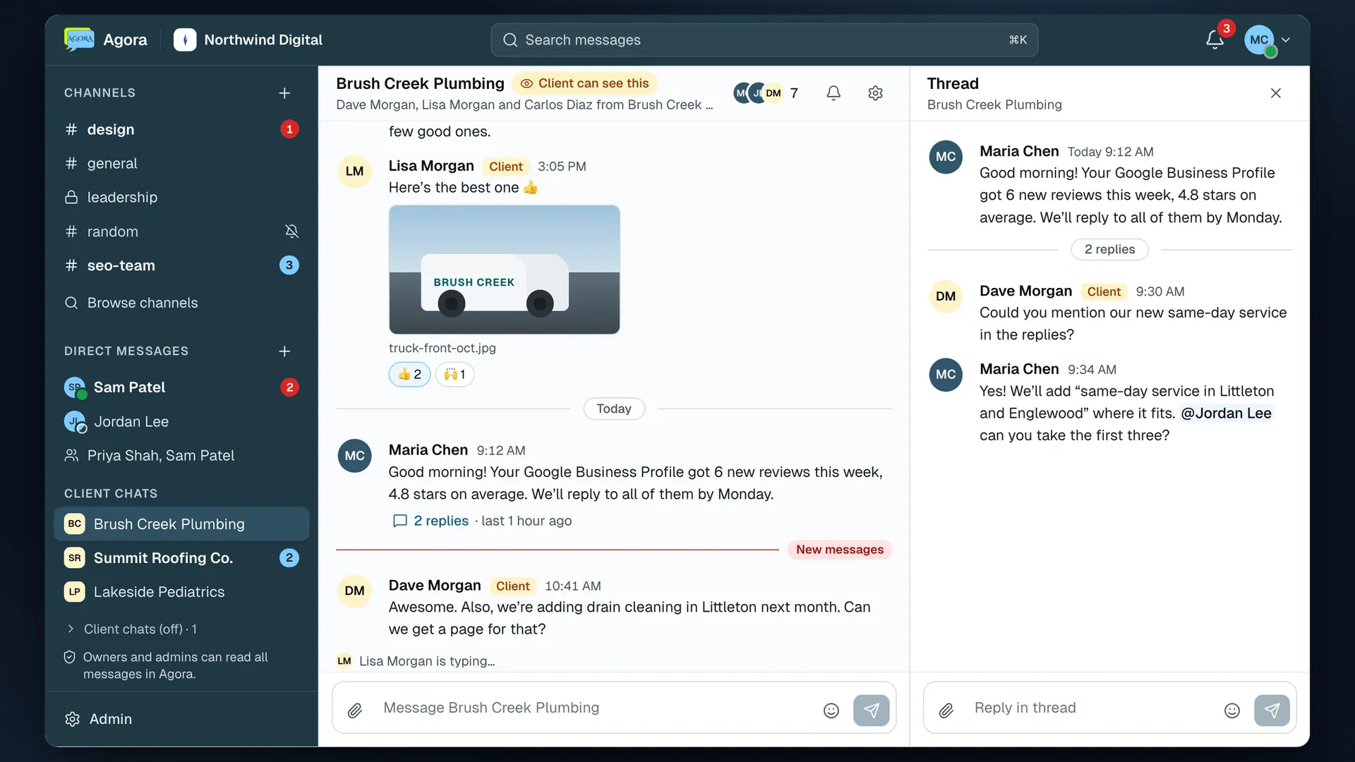 Agora Chat for the demo agency Northwind Digital: a reply thread opens beside the Brush Creek Plumbing client chat, then a search for “drain” lists results grouped by conversation.