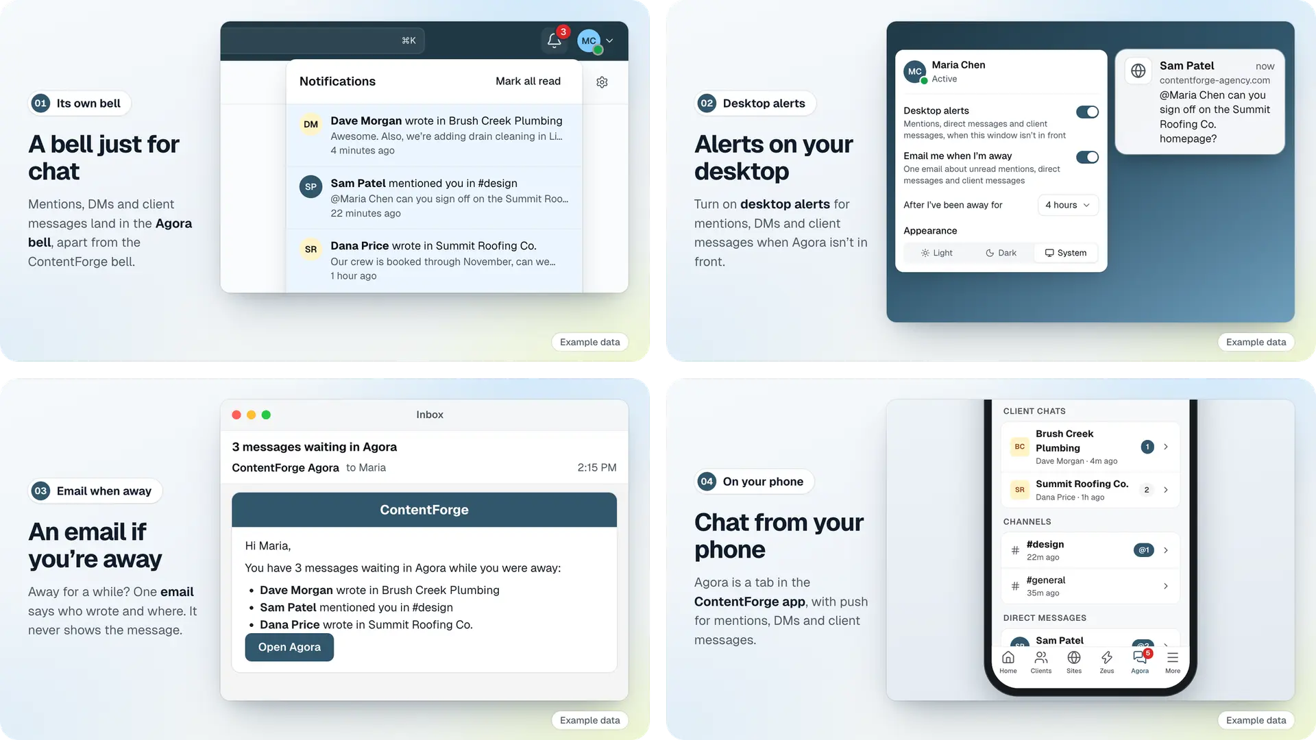 Example data for the demo agency Northwind Digital: the Agora bell, desktop alert settings with a desktop notification, a “3 messages waiting in Agora” email, and the Agora tab in the ContentForge phone app.