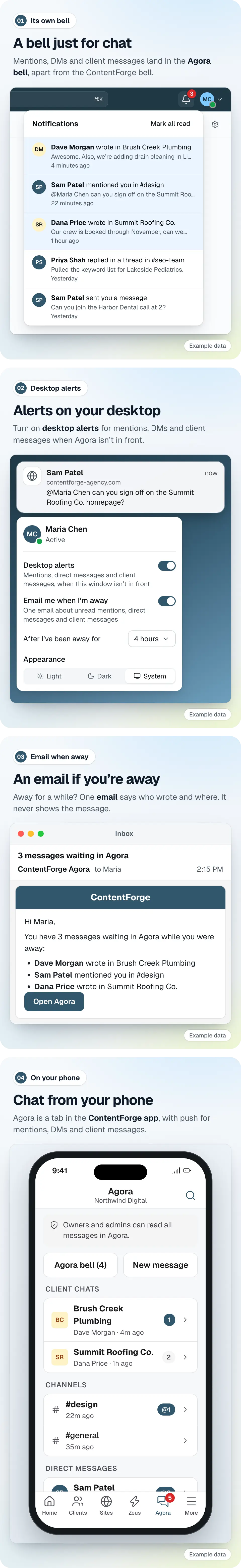 Example data for the demo agency Northwind Digital: the Agora bell, desktop alert settings with a desktop notification, a “3 messages waiting in Agora” email, and the Agora tab in the ContentForge phone app.