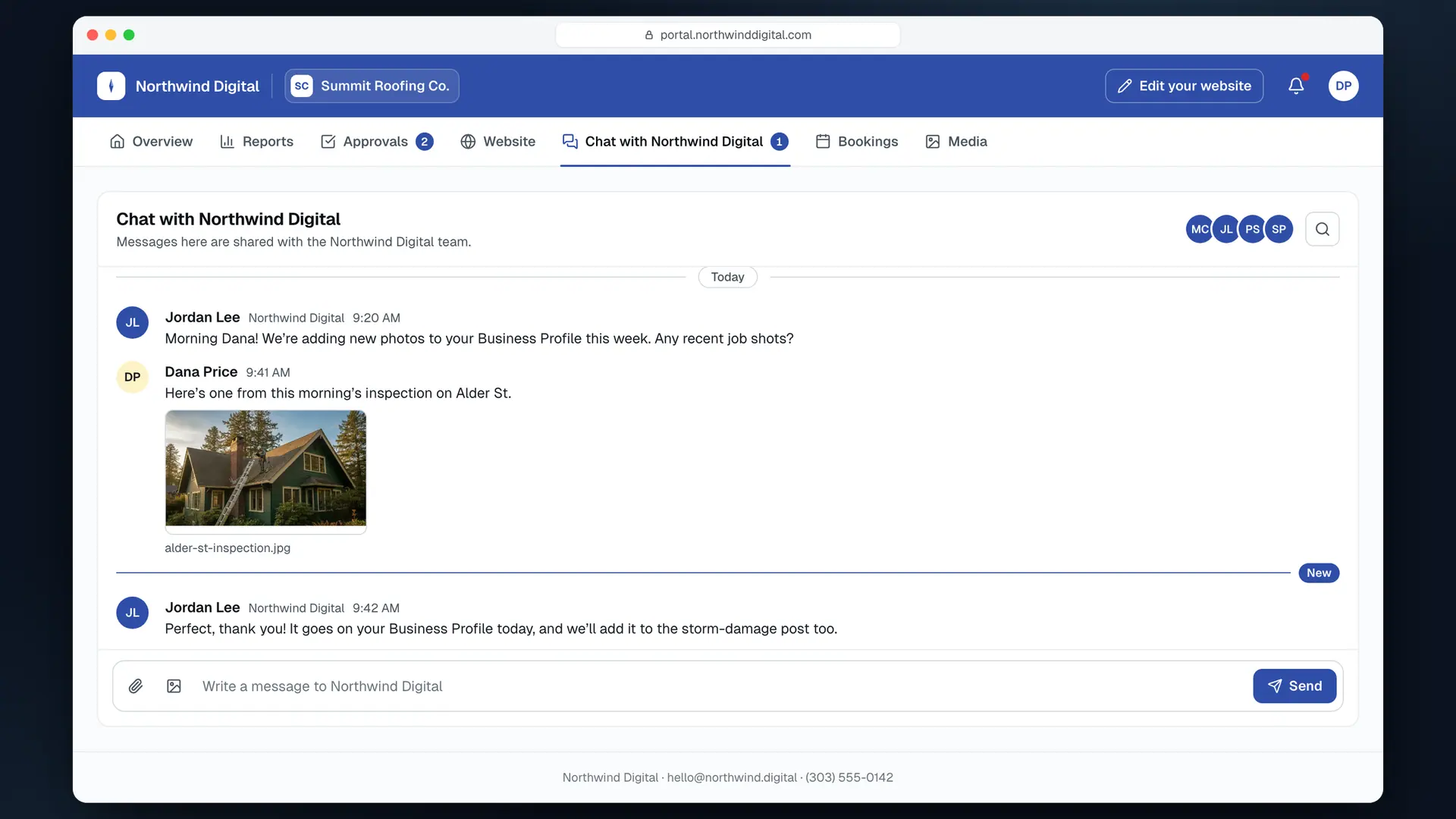 The client portal of Summit Roofing Co. from the demo agency Northwind Digital, on the Chat with Northwind Digital tab, where the client sends a roof photo and Jordan Lee from the agency replies.