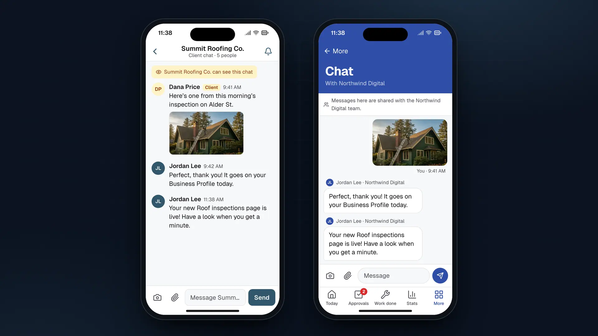 Two phones from the demo agency Northwind Digital: Jordan Lee sends Summit Roofing Co. a message from Agora in the ContentForge app, and it arrives as a push and in Chat with Northwind Digital in the client's Business Hub app.